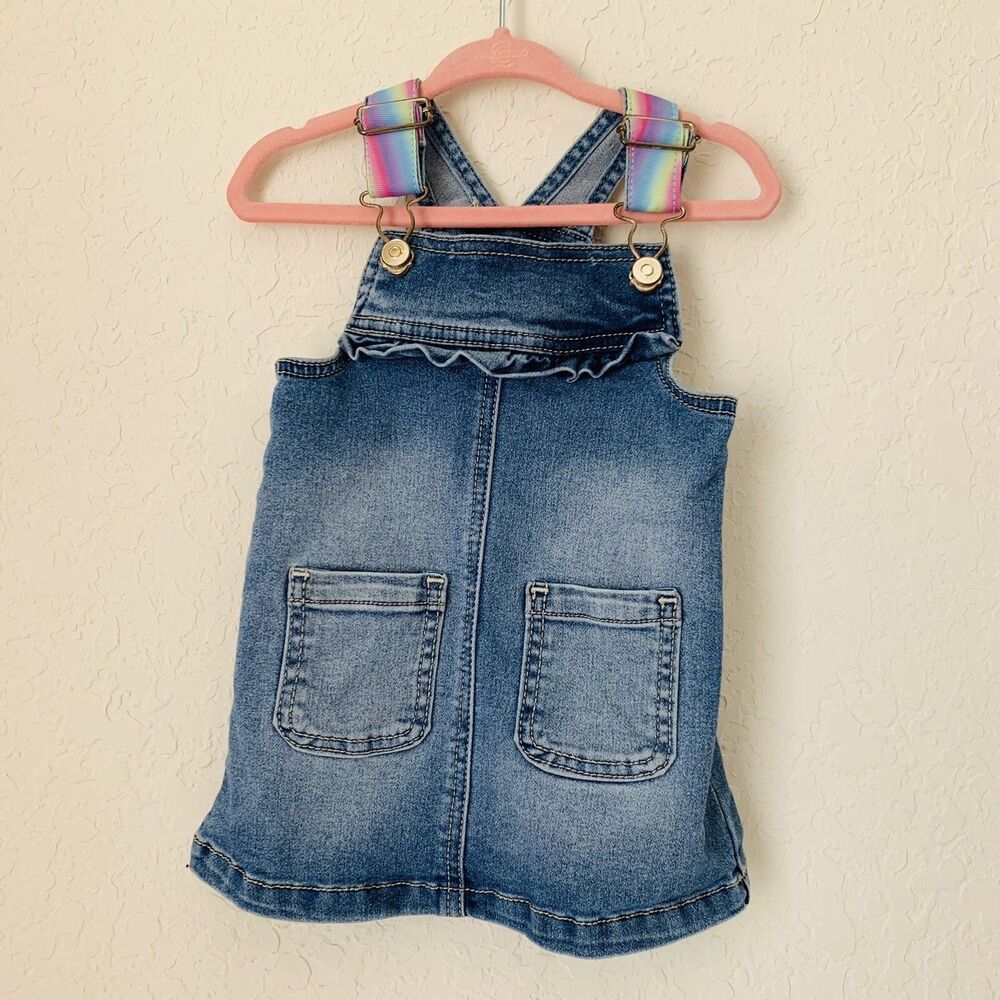 Denim Overall Dress Baby Girl 12M Blue Rainbow Straps Pockets Ruffle Casual Play